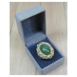 Ornate Goldtone Faux Jade Poison Ring
