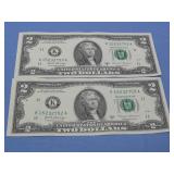 Two Sequential $2 Dollar Bills
