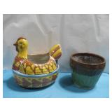 Talavera Style Ceramic Hen Pot & Glazed Flower Pot