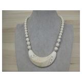 Vtg. Wood Beaded Carved Faux Bone Necklace