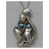 VTG Sterling Silver Turq/Coral Brooch/Necklace