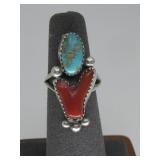Vtg Sterling Silver Coral & Turquoise Ring