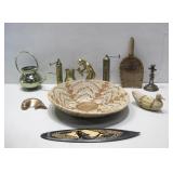 Woven Basket, Ceramic Figure,Brass Grinders & More