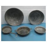 Five Antique Copper Pans & More