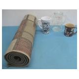 Vtg Measuring Cup, Area Rug, & (2) Coffee Mugs See