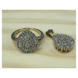 10K Gold Diamond Cluster Pendant & Ring 5.49g