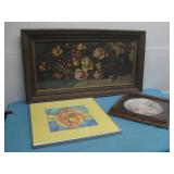 2 Floral Framed Art & 1 Framed Floral Plate See