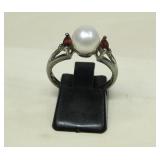 Sterling Silver Pearl Garnet Ring Hallmarked