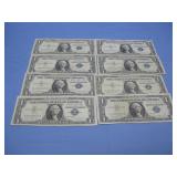 Eight 1957B Silver Certificates Blue Seal Notes