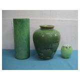Three Glass/Ceramic Green Vases Tallest 14'