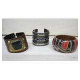 Silvertone Cuff Bracelet, Wood Bangle,Leather Cuff