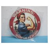 NIP Warning Woman At Work Metal Sign 8'