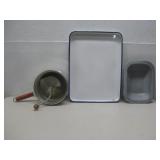 Vtg Enamel Metal Tray, Flour Fifter & Pan
