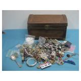 Wooden Box W/ Assorted Costume Jewelry & More See