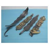 Four Vtg Horse Brass Leather Straps
