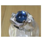 S.S Blue Cats Eye Cabochon CZ Ring Hallmarked