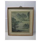 Vtg Asian Landscape Ink Wash Painting Print See