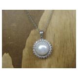 S.S Cz Double Halo Pearl Necklace Hallmarked
