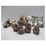 Assorted Vtg Decor, String Of Pottery, Wooden Cow