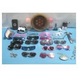 Assorted Sunglasses, Belt Buckle, Woven Basket See