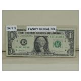 (1) Fancy Serial Number One Dollar Bill See Info