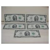 (5) 2017 Uncirculated 2 Dollar Bills