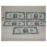 (5) 2017 Uncirculated 2 Dollar Bills