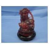 Vtg Chinese Foo Dog Resin Carving w/ Wood Stand 3'
