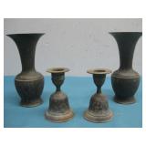 Two Brass Candle Holders & Two Brass Vases See