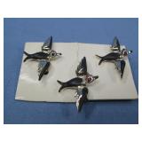 Set Of 3 Old Bird Pins W/ Red Rhinestone Eyes