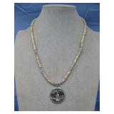 Abalone Shell Pendant Heishi Silvertone Necklace