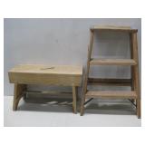 Wooden Step Ladder & Vtg Wooden Milking Stool See