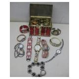 Assorted Fashion Watches In Vtg Tea Tin See Info