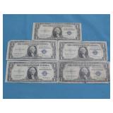 Five Blue Seal Silver Certificates