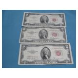 Three Red Seal $2 Dollar Bills