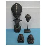Two African Statues, Two Oriental Wood Wall Masks