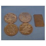 Four 5oz Pure Copper Rounds & One Bar