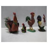 Three Roster Figurines & Metal Rooster Planter See