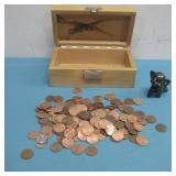 Assorted Pennies & Metal Elephant In Wood Box See
