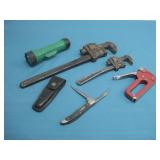 Vtg Items Pipe Wrenches Stapler Flashlight See