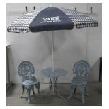Vtg Cast Aluminum Bistro Set W/ Umbrella See Info