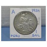 1934 Silver Peru 1 Sol 50% Silver