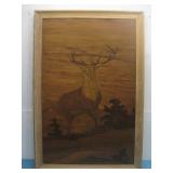 Vtg Wood Inlay Elk Portrait 25.5' x 38'
