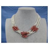 Vtg. Multistrand Pearl W/Coral Layered Necklace