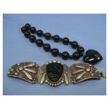 Vtg Black Onyx Nickel Silver Aztec Bracelet & See