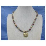 Goldtone Lion Head Pendant Multi Colored Necklace