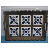 Vtg Ceramic Tile & Wood Tray 13' x18'