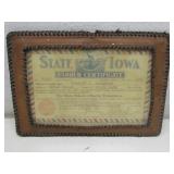 Vtg State Iowa Barber Certificate W/ Leather See