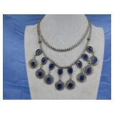 Silver Tone Blue Glass Bib Necklace & Choker
