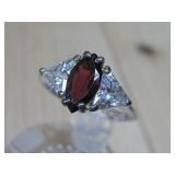 Three Stone Marquise Cut Garnet Silverplated Ring